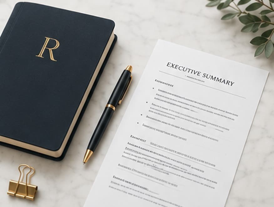 A monogrammed portfolio, executive summary, and pen on a marble desk